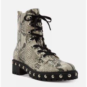 Schutz Women's Andrea Studded Faux Python Snake-Print Leather Combat Boot Size 7